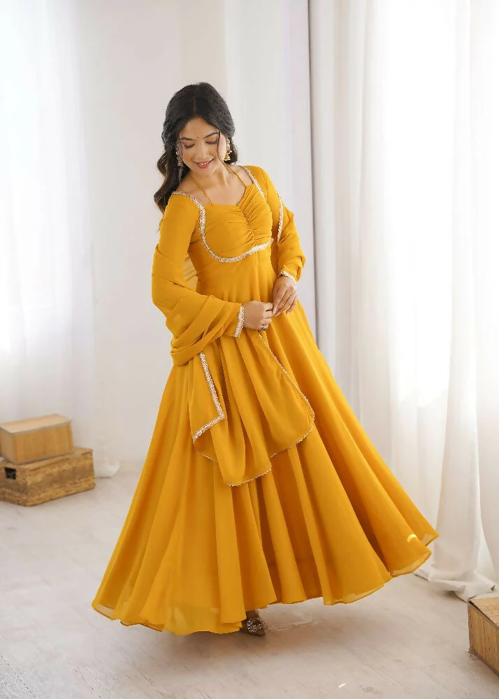Teeya Creation Yellow Faux Georgette Designer Party Wear Long Gown - Image 4