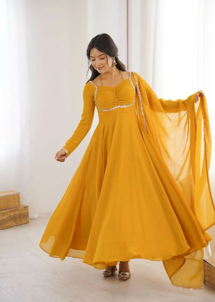 Teeya Creation Yellow Faux Georgette Designer Party Wear Long Gown - Image 5